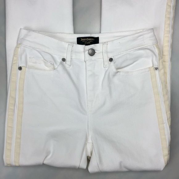 Juicy Couture White Tuxedo Stripe Crop Flare Uneven Hem Jeans size 24 - Picture 7 of 13